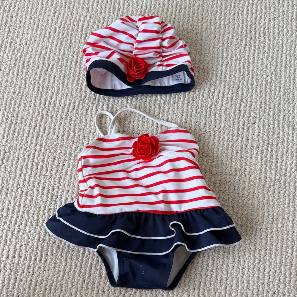 Janie and Jack Red and Navy Striped One Piece Swimsuit and hat